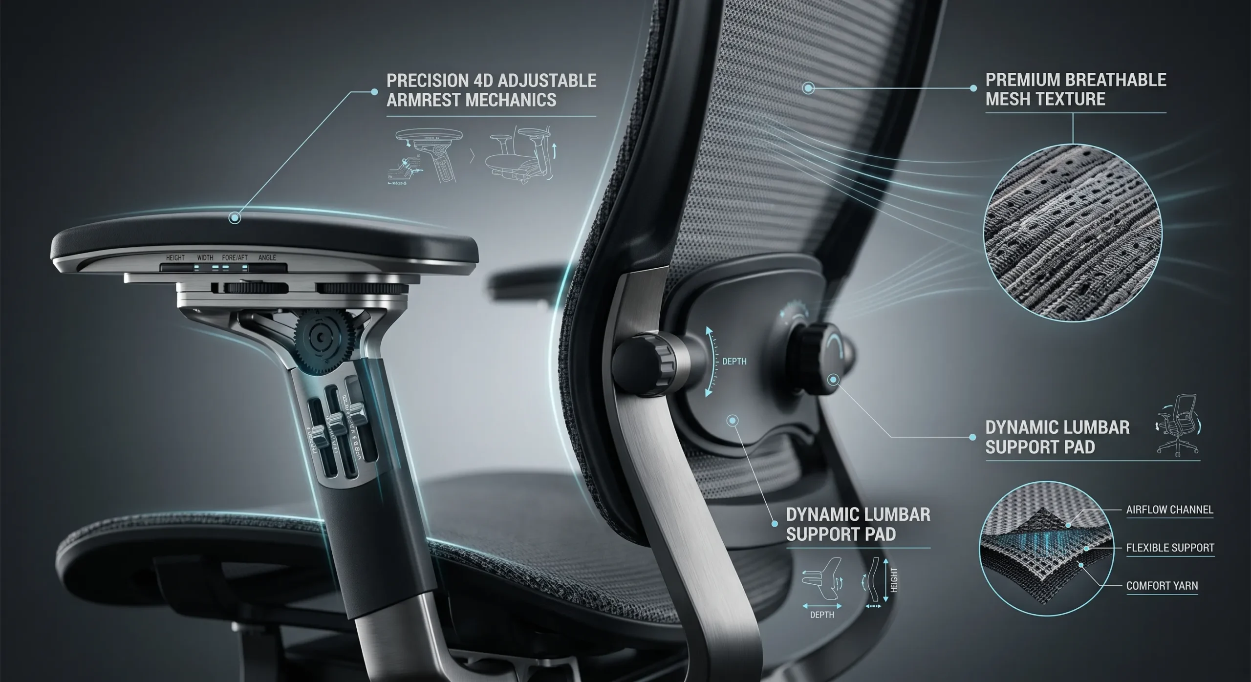 Tampilan jarak dekat fitur kursi ergonomis Prospace yang memperlihatkan lumbar support fleksibel, material jaring berongga, dan sandaran tangan presisi.