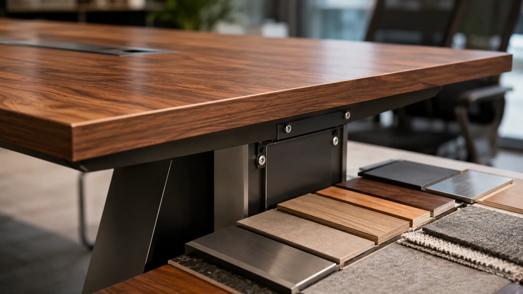 Detail material, finishing, dan konstruksi meja meeting kantor