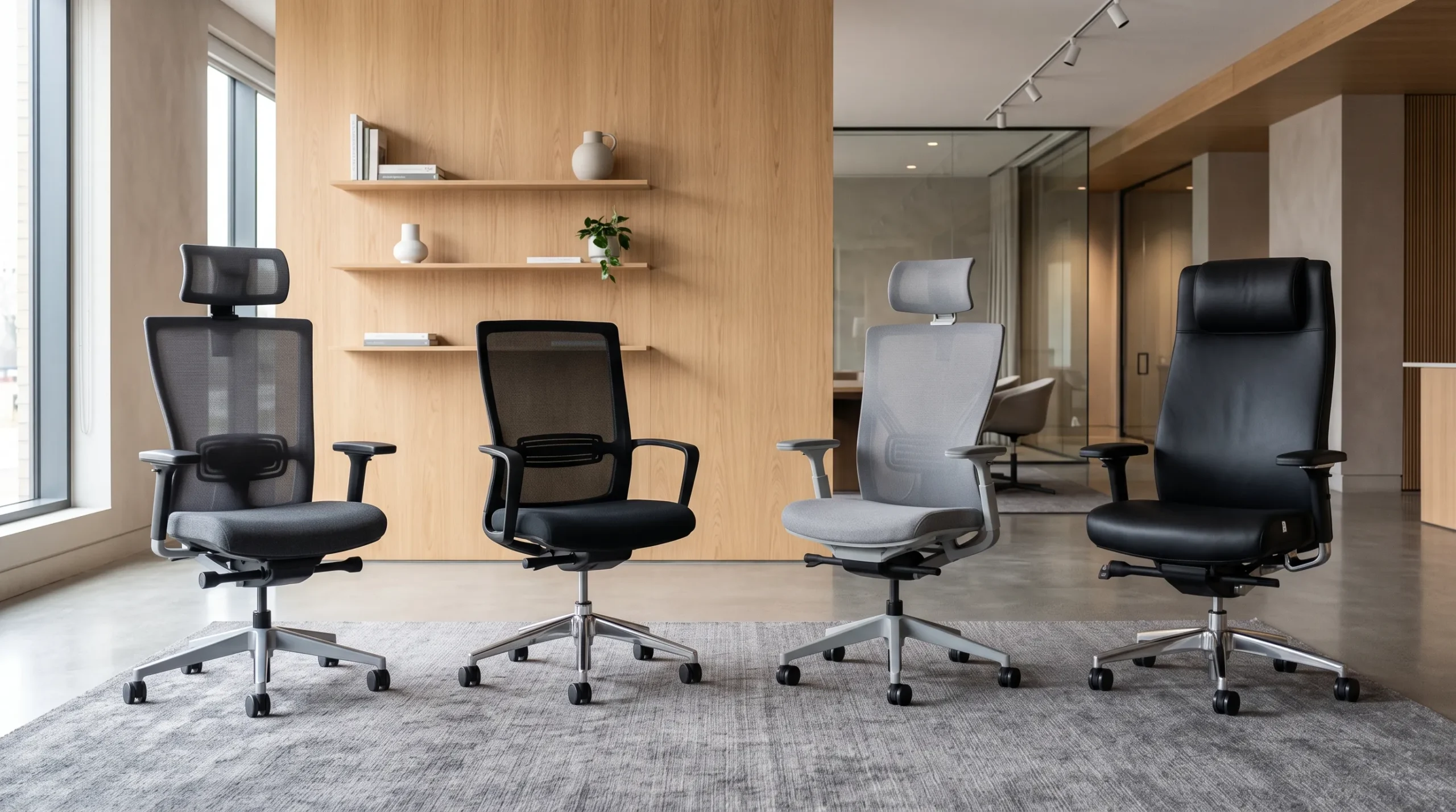 Perbandingan empat model kursi kantor ergonomis premium dengan variasi desain sandaran, penyangga pinggang (lumbar support), dan material di dalam ruang pamer furnitur komersial modern.