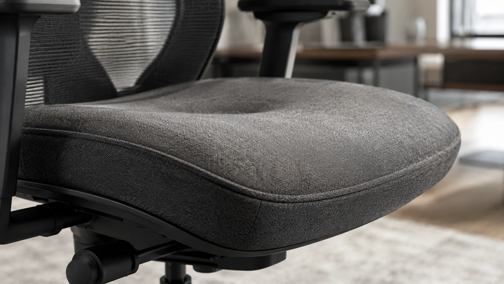 Detail dudukan kursi ergonomis dengan cushioning yang nyaman dan suportif