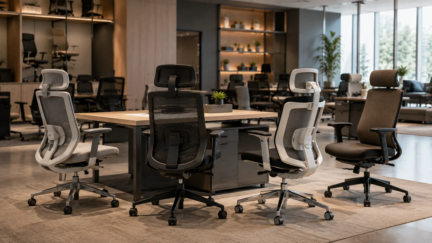 Area showroom kursi ergonomis untuk membandingkan kenyamanan dan fitur kursi