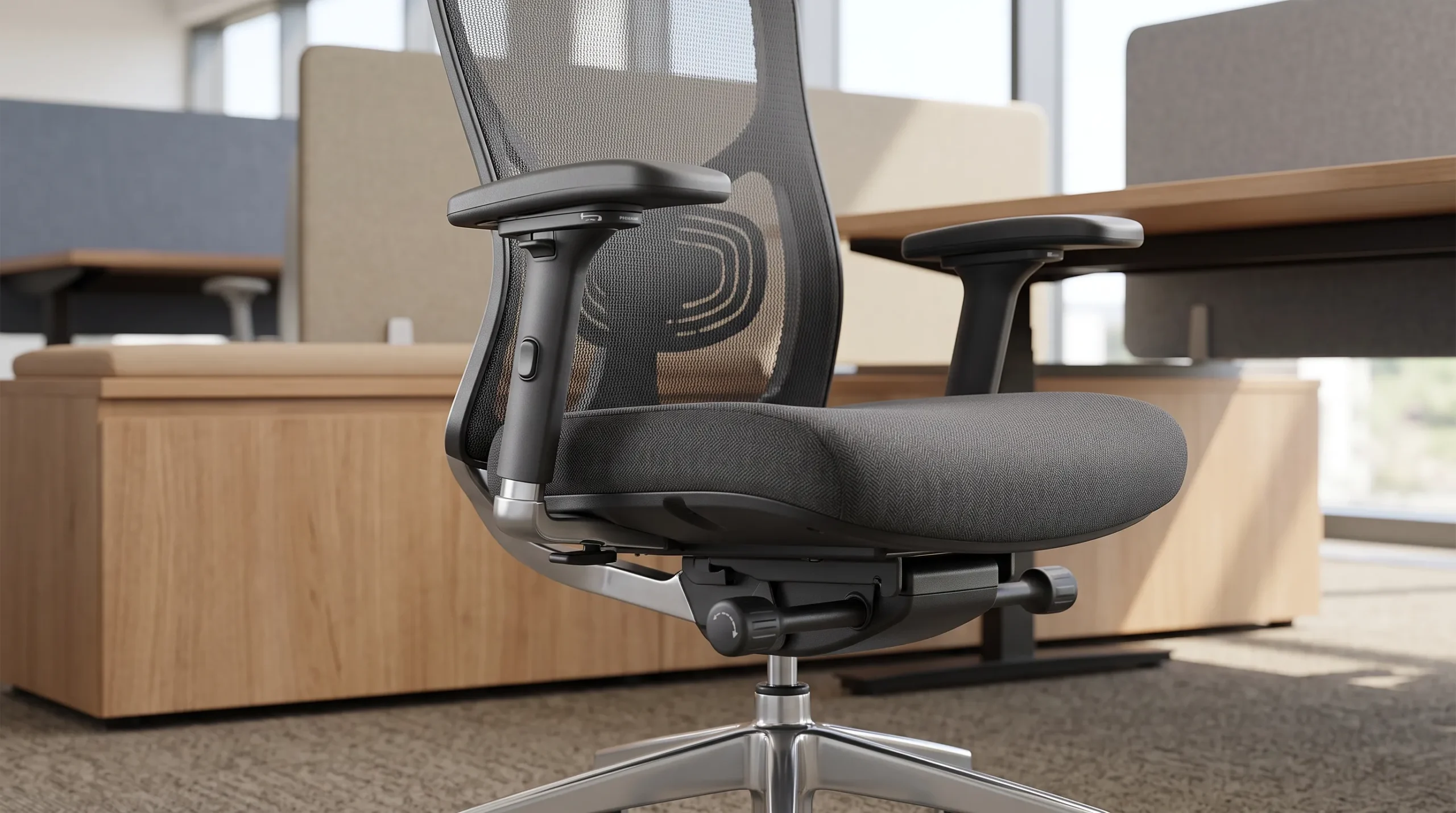 Detail jarak dekat kursi kantor ergonomis premium berwarna abu-abu gelap, menampilkan sandaran punggung berbahan mesh, fitur penopang lumbar, sandaran tangan yang dapat disesuaikan, serta tuas pengatur mekanis di ruang kerja modern