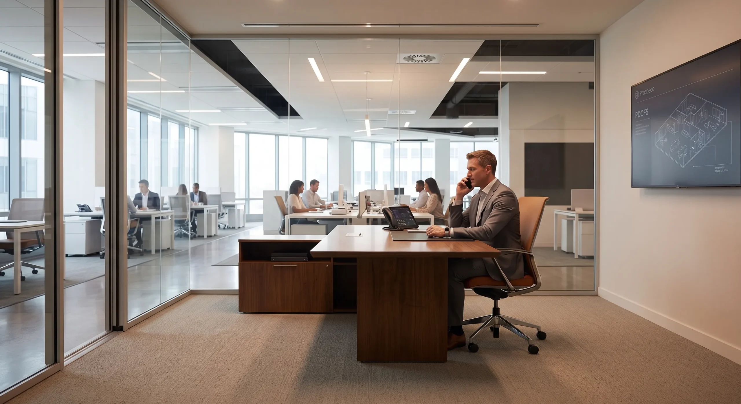Interior ruang Direktur yang tenang dan fokus dengan partisi kaca akustik penuh Prospace, menghadap ke kantor open-plan 2026 yang aktif di luar namun tidak terdengar, menunjukkan privasi strategis dan transparansi.