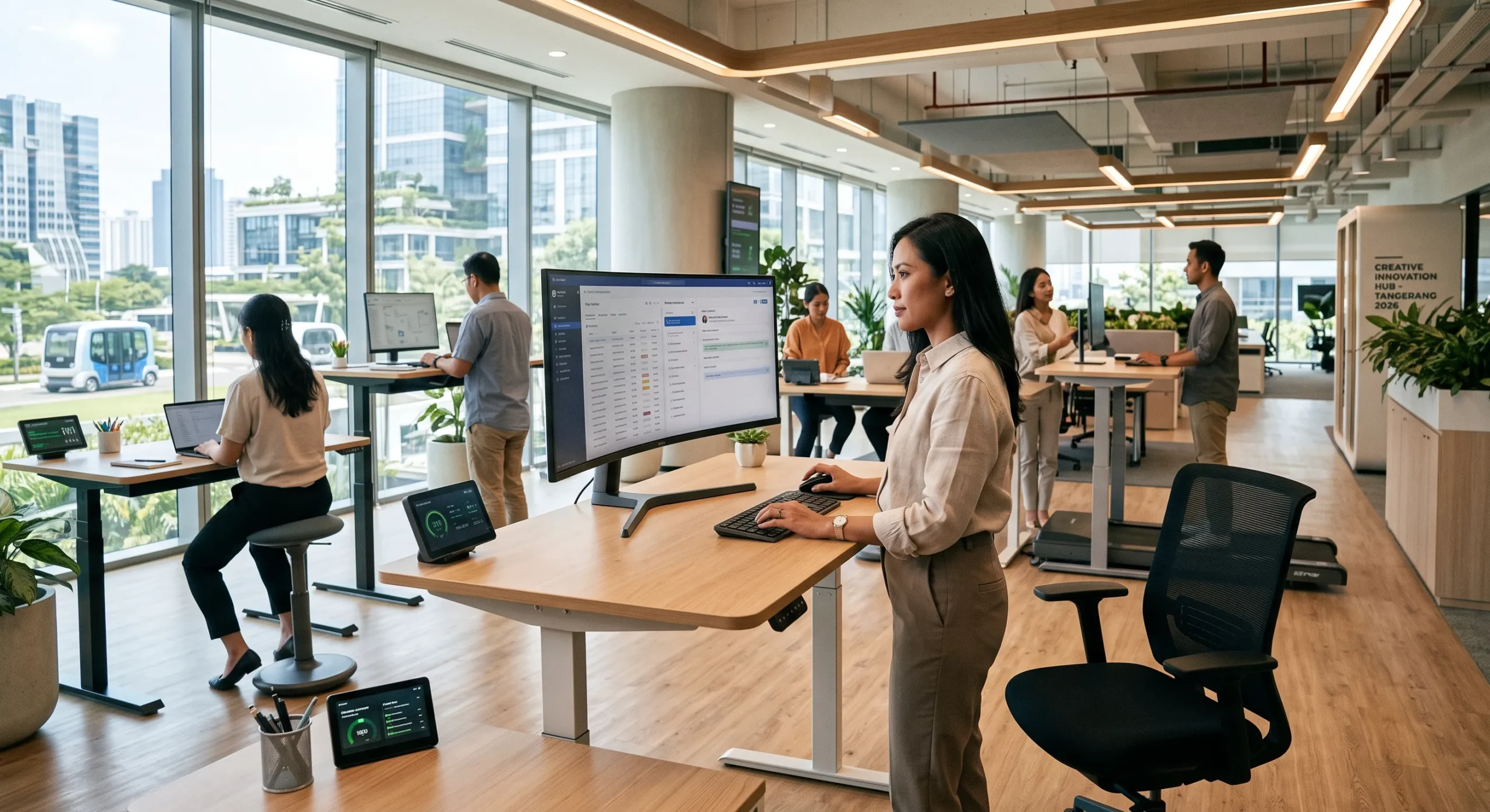 Karyawan sedang bekerja dalam posisi berdiri menggunakan meja kerja sit-stand desk yang tingginya dapat diatur secara elektrik.