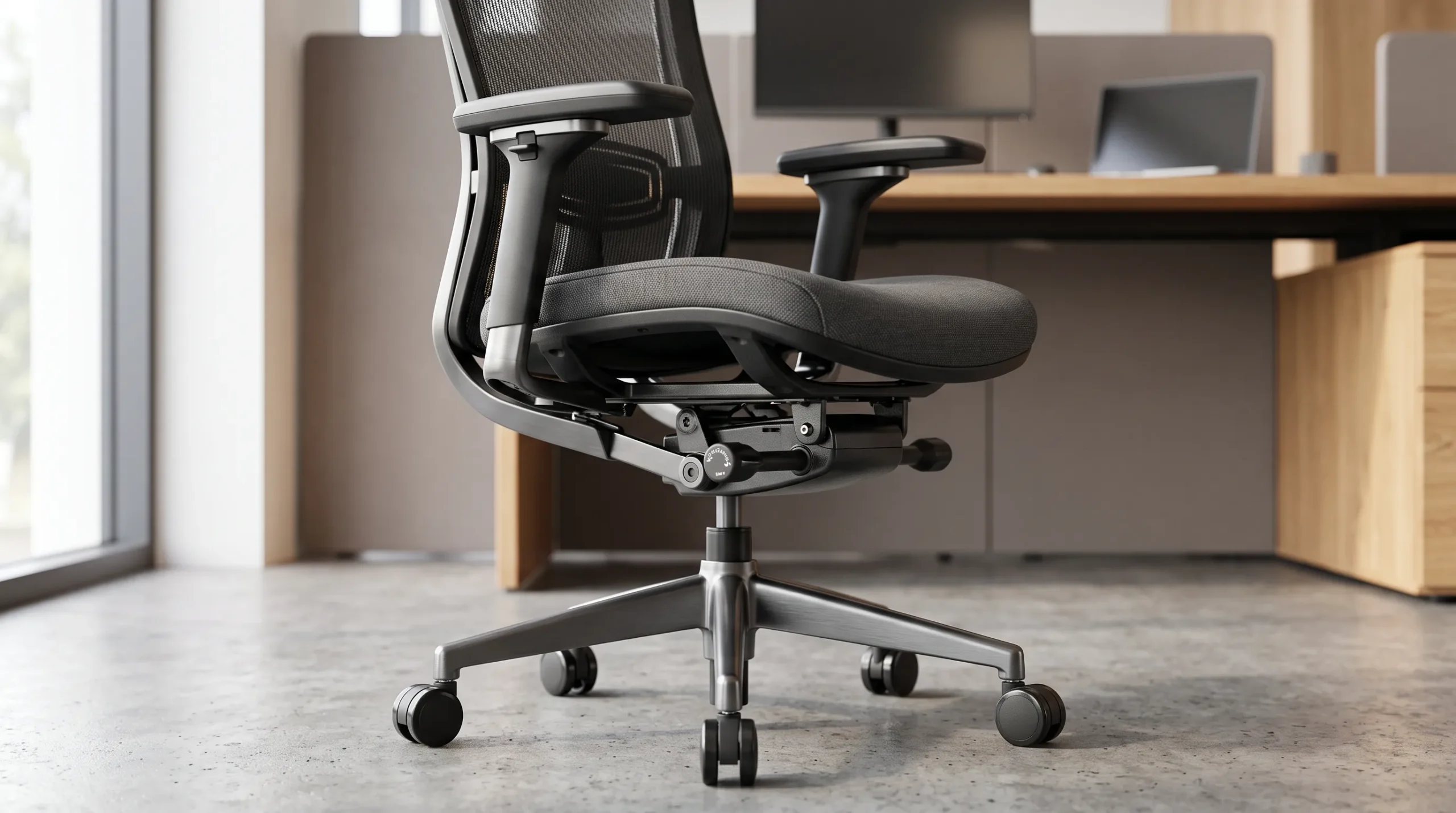 Foto close-up dari kursi kantor ergonomis modern berwarna abu-abu gelap, menampilkan sandaran jaring (mesh) berpori, bantal kursi kain empuk, dan mekanisme penyesuaian logam yang kompleks di bagian bawah, bertumpu pada alas bintang lima logam dan lantai beton poles di dalam lingkungan kantor profesional dengan meja kayu di latar belakang