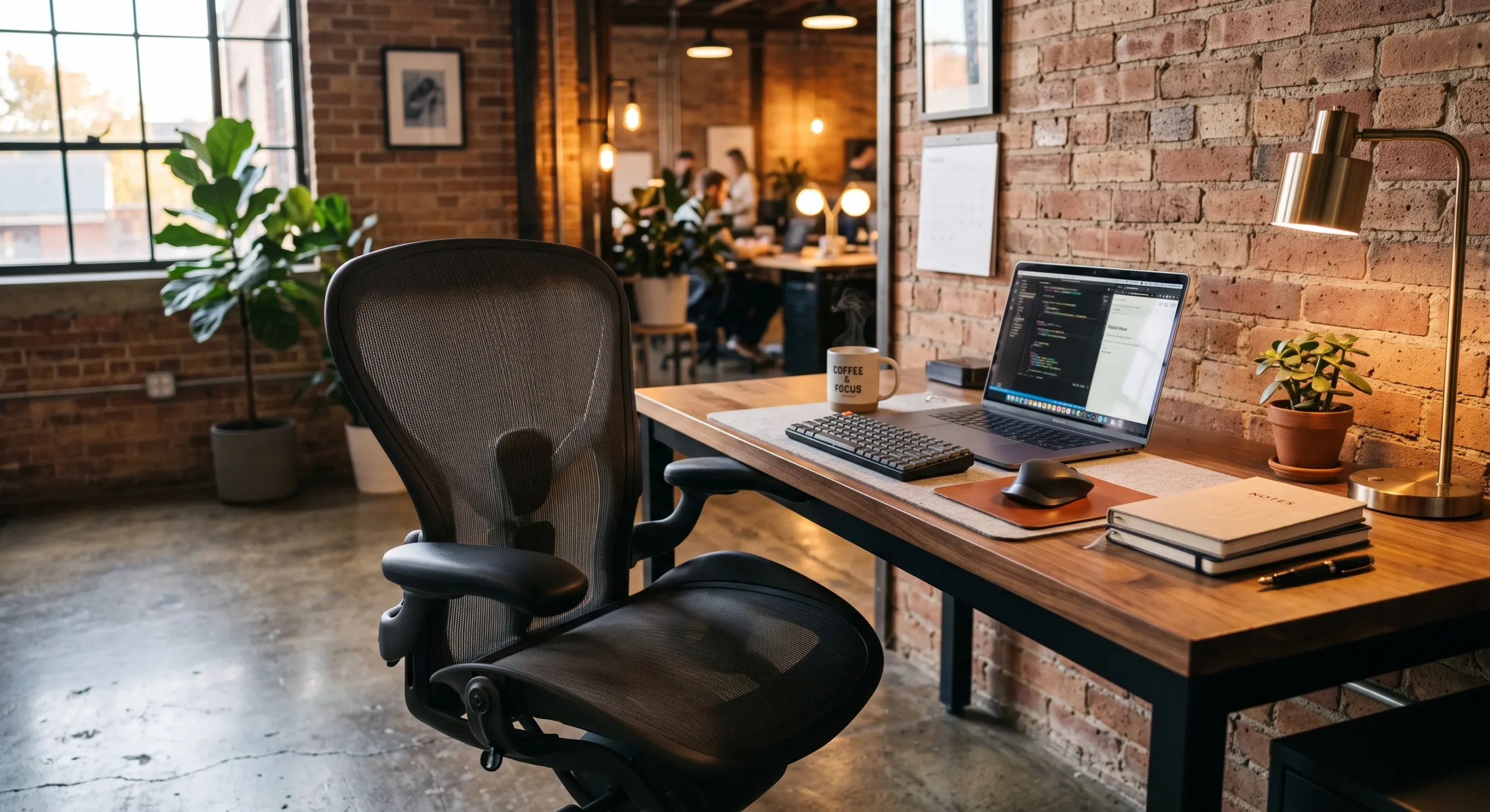 Kursi kantor ergonomis di area kerja administratif pabrik yang nyaman dengan pencahayaan memadai.