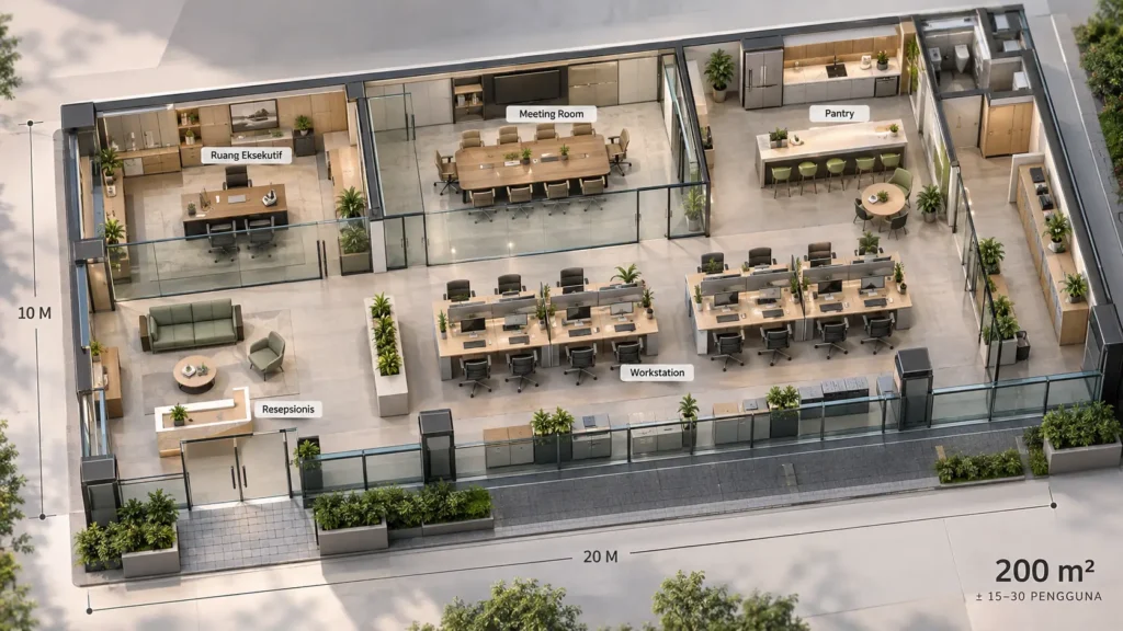 Panduan Layout Kantor 20×10 Meter: Fasilitas Apa Saja yang Wajib Ada di Ruang 200m²?