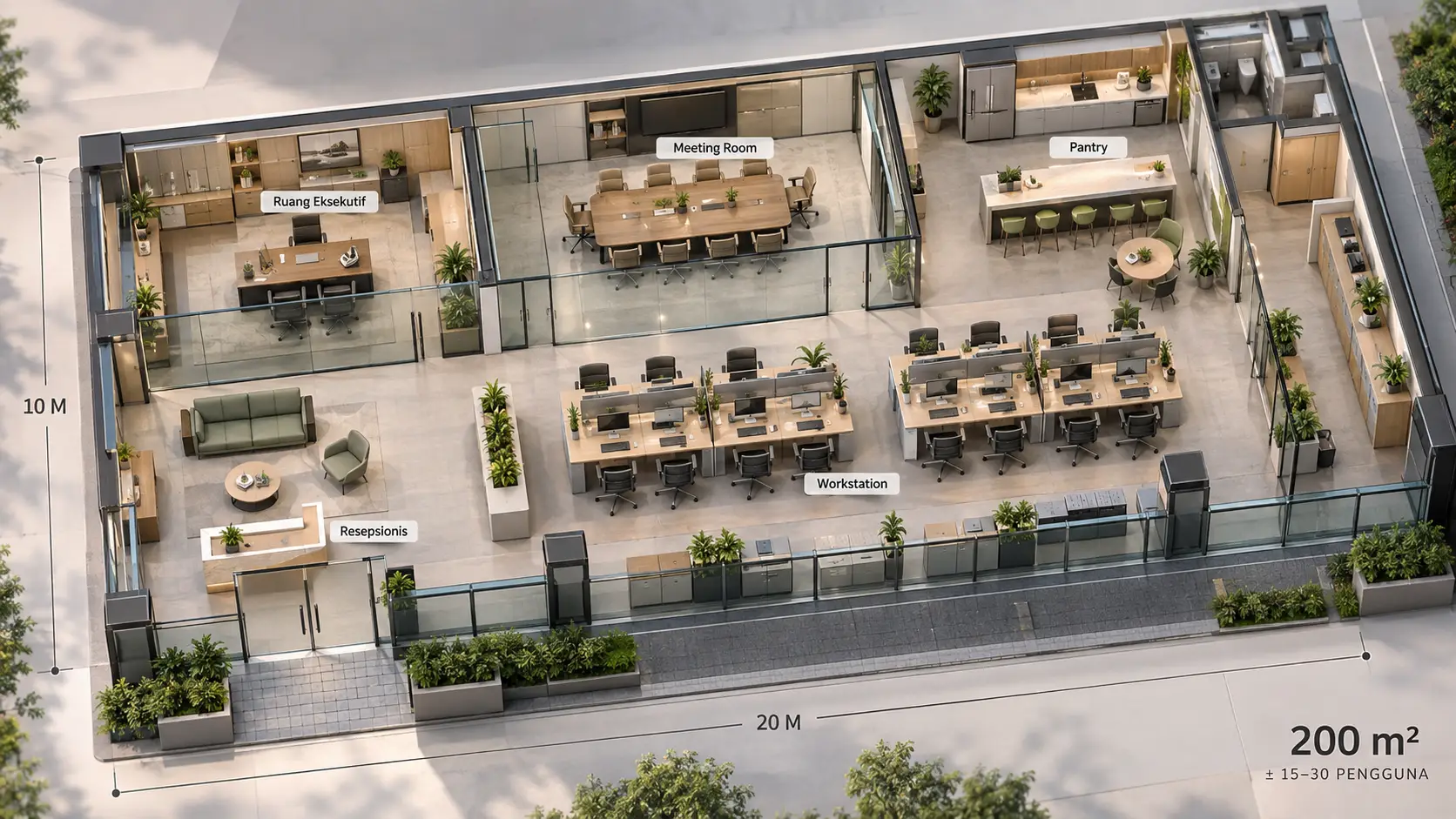 Panduan Layout Kantor 20×10 Meter: Fasilitas Apa Saja yang Wajib Ada di Ruang 200m²?