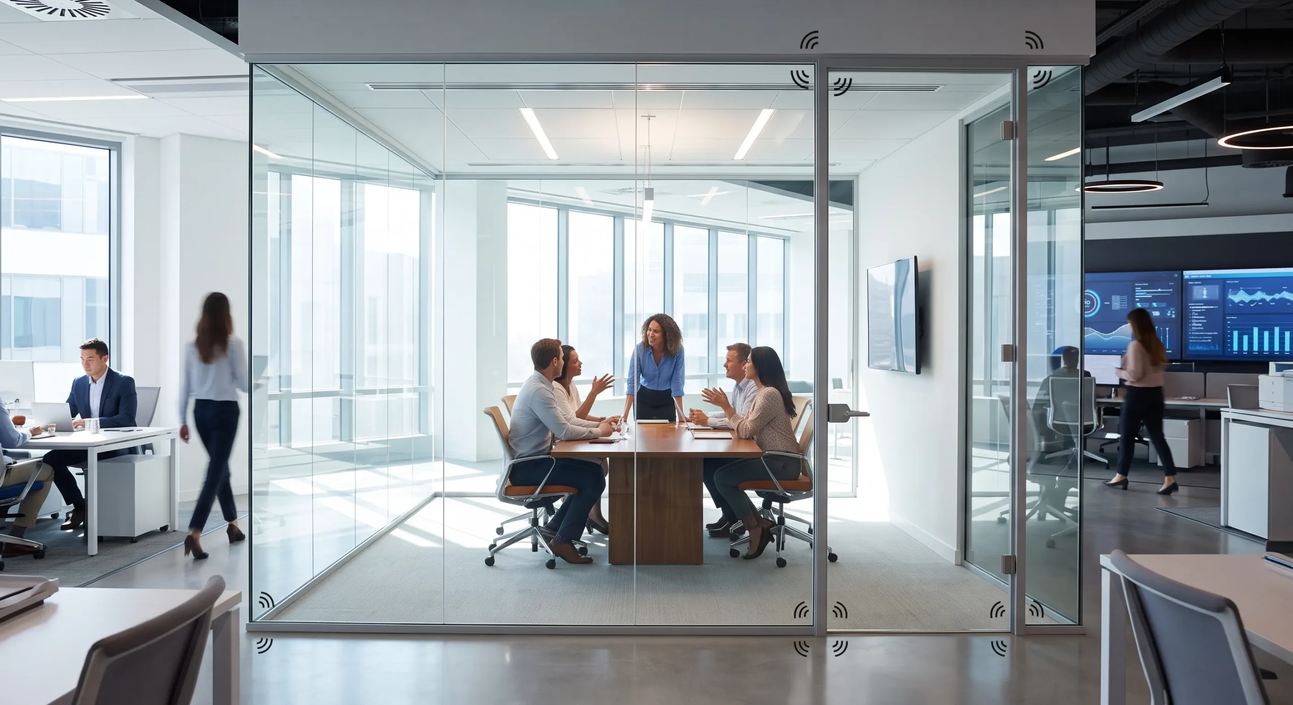 Pemandangan luas kantor open-plan 2026 yang sibuk dengan ruang rapat berdinding kaca tunggal standar di tengah. Visualnya transparan, namun suara terlihat bocor keluar melalui celah, mengganggu privasi rapat.
