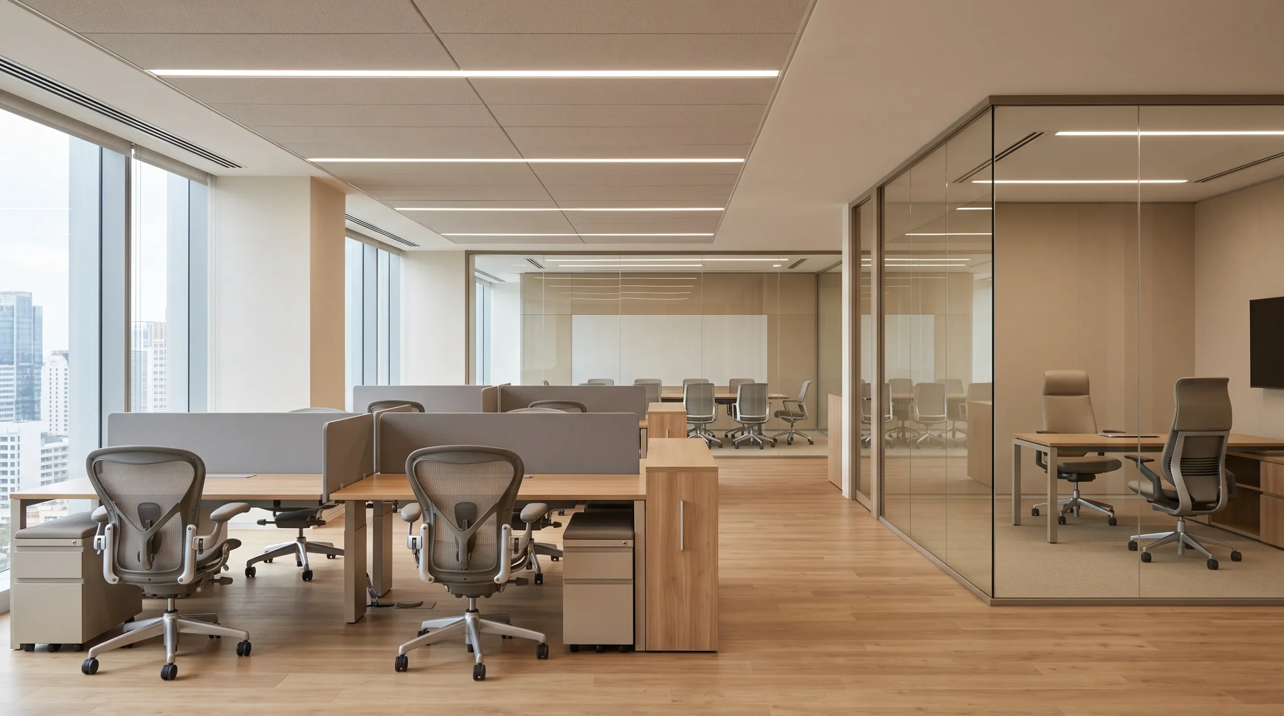 Ruang kantor korporat modern dengan perencanaan furnitur fungsional, menampilkan deretan kursi staf ergonomis di area kerja terbuka pada latar depan, ruang kaca dengan kursi meeting profesional di area tengah, serta ruang privat dengan kursi eksekutif bersandaran tinggi di latar belakang.