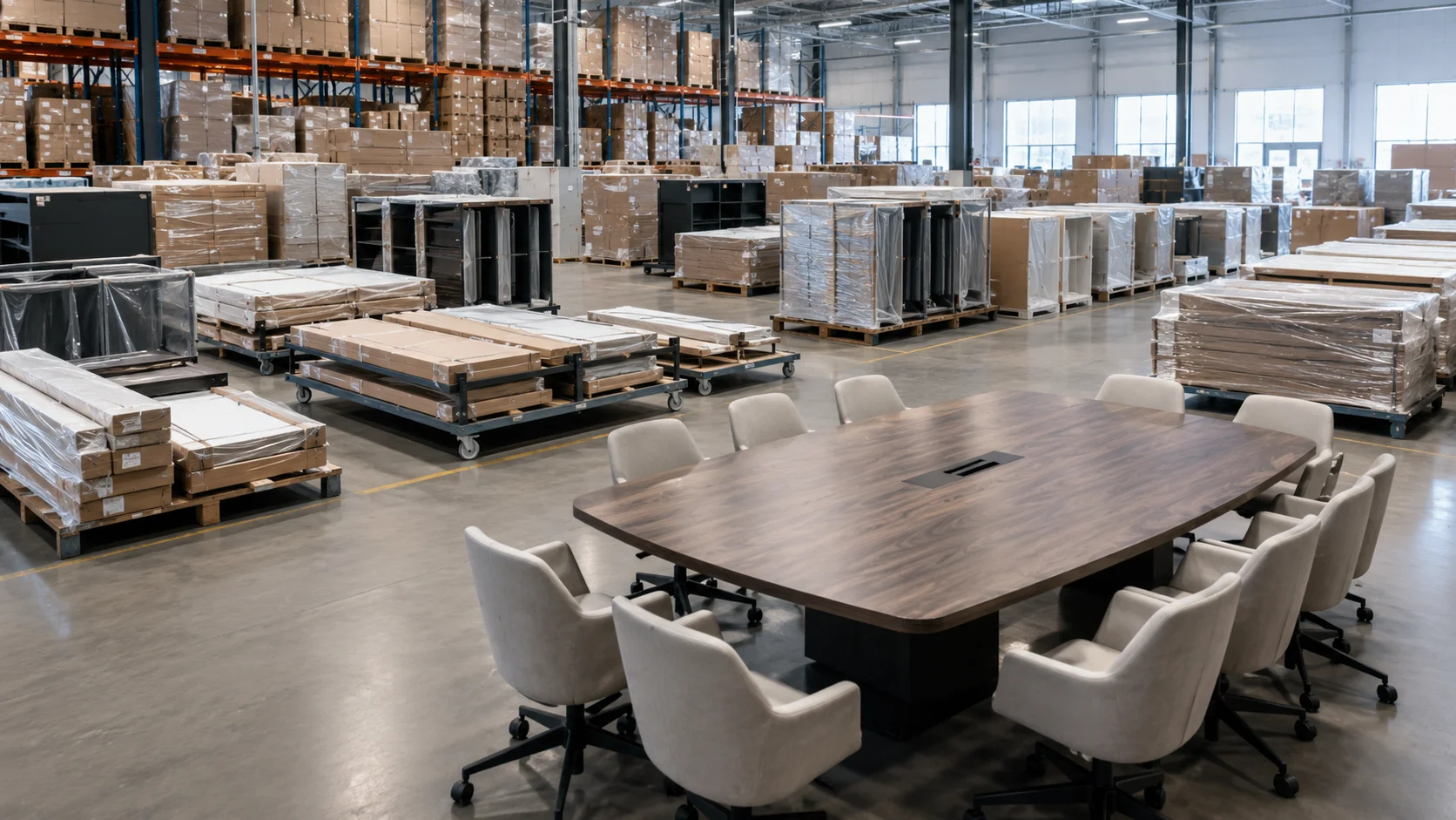 Area pengadaan furnitur kantor skala besar dengan meja meeting siap untuk proyek