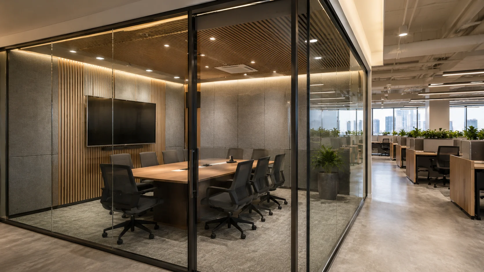 Ruang meeting privat dengan partisi kaca dan panel akustik di area kantor modern
