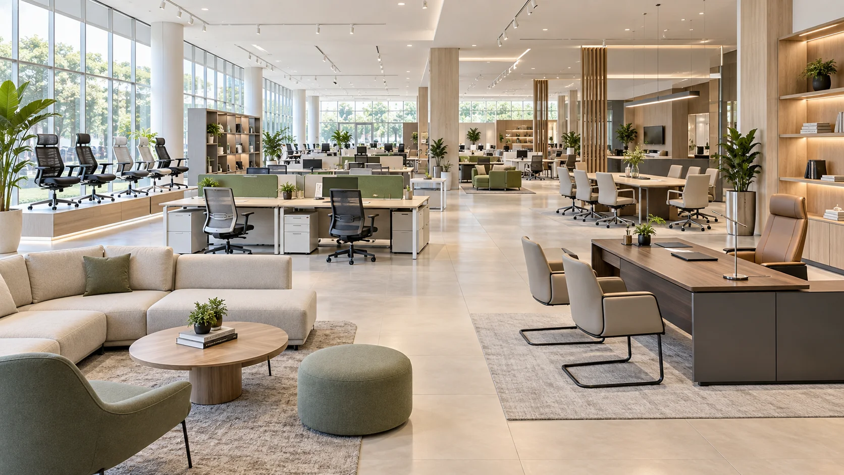 Showroom furnitur kantor Prospace di Alam Sutera dengan koleksi meja, kursi ergonomis, sofa, dan meja eksekutif.