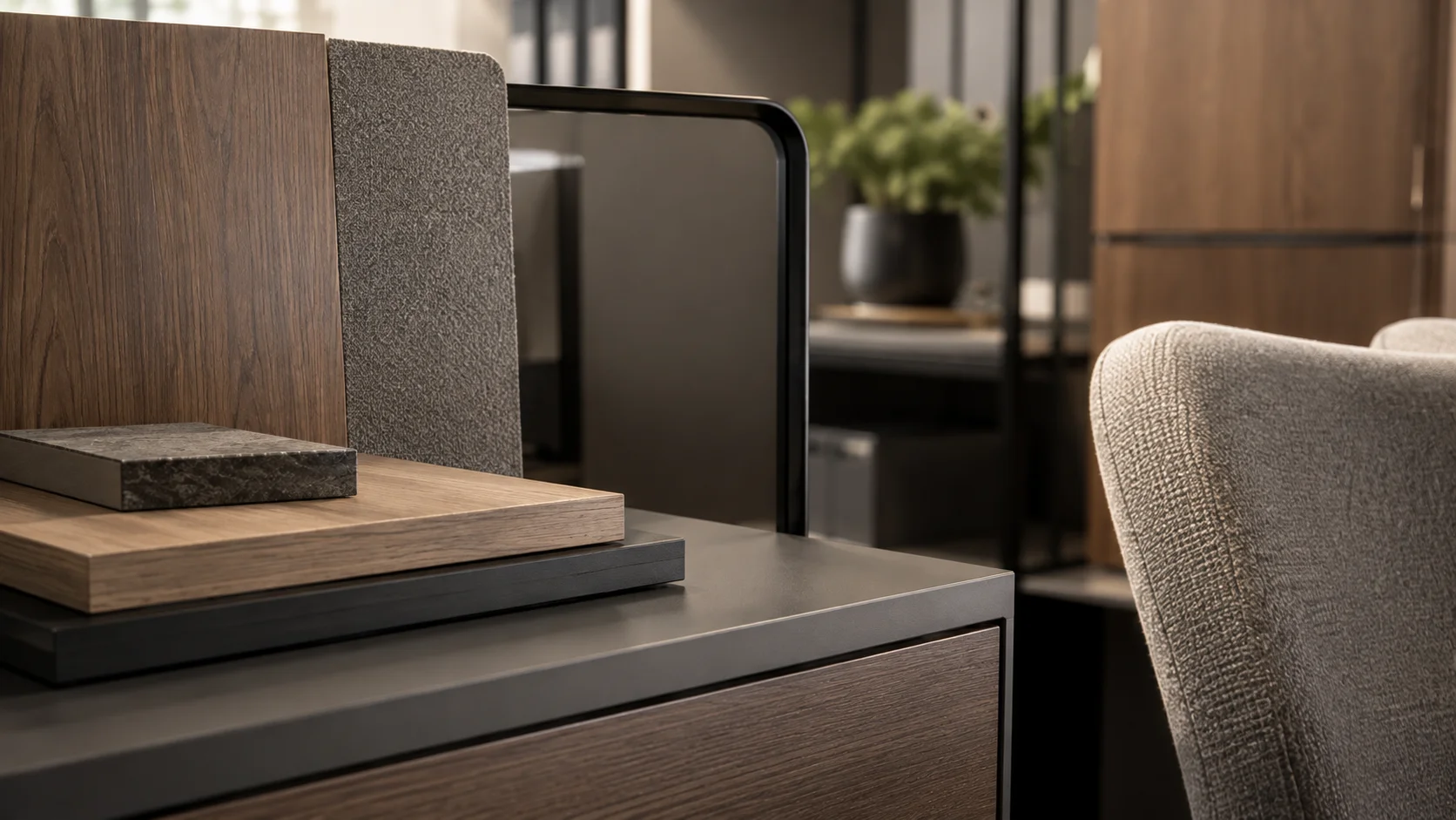 Tekstur dan material interior kantor modern dengan detail yang elegan