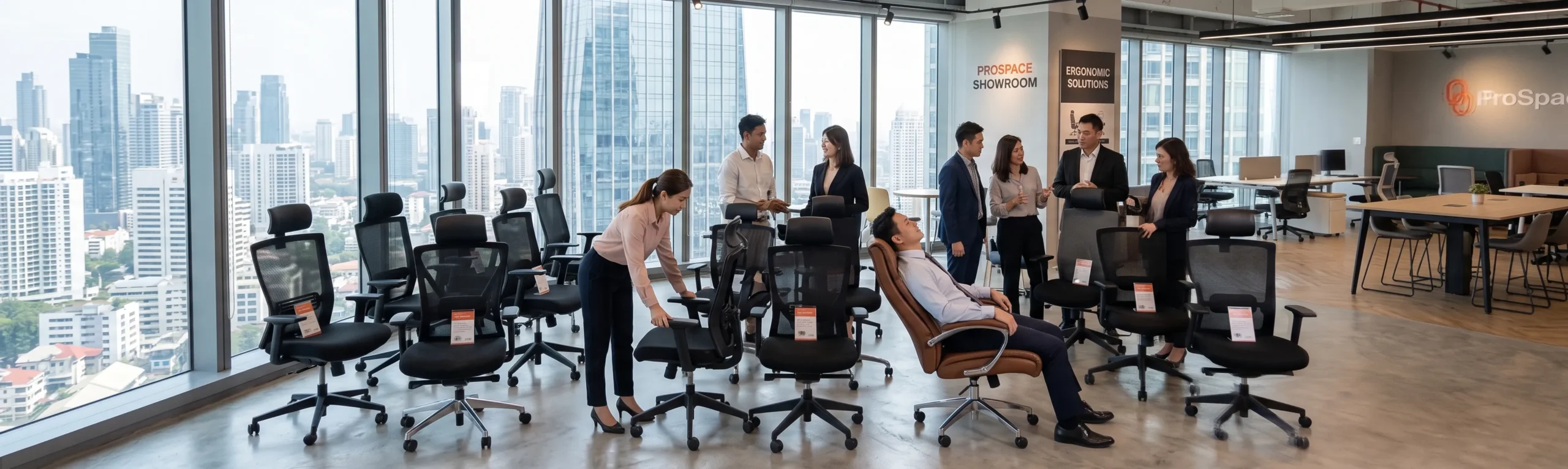 Tim perusahaan sedang melakukan test seating secara langsung untuk membandingkan berbagai fitur kursi ergonomis di showroom Prospace sebelum pembelian skala besar.