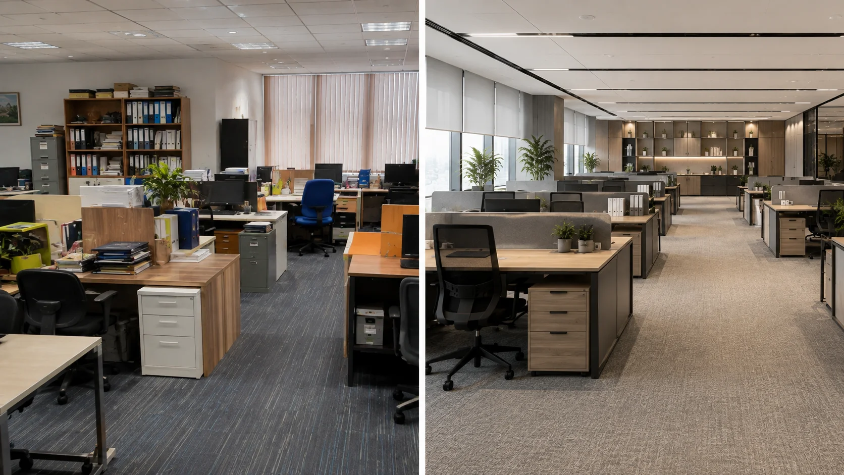 Perbandingan interior kantor yang berantakan dengan interior yang selaras
