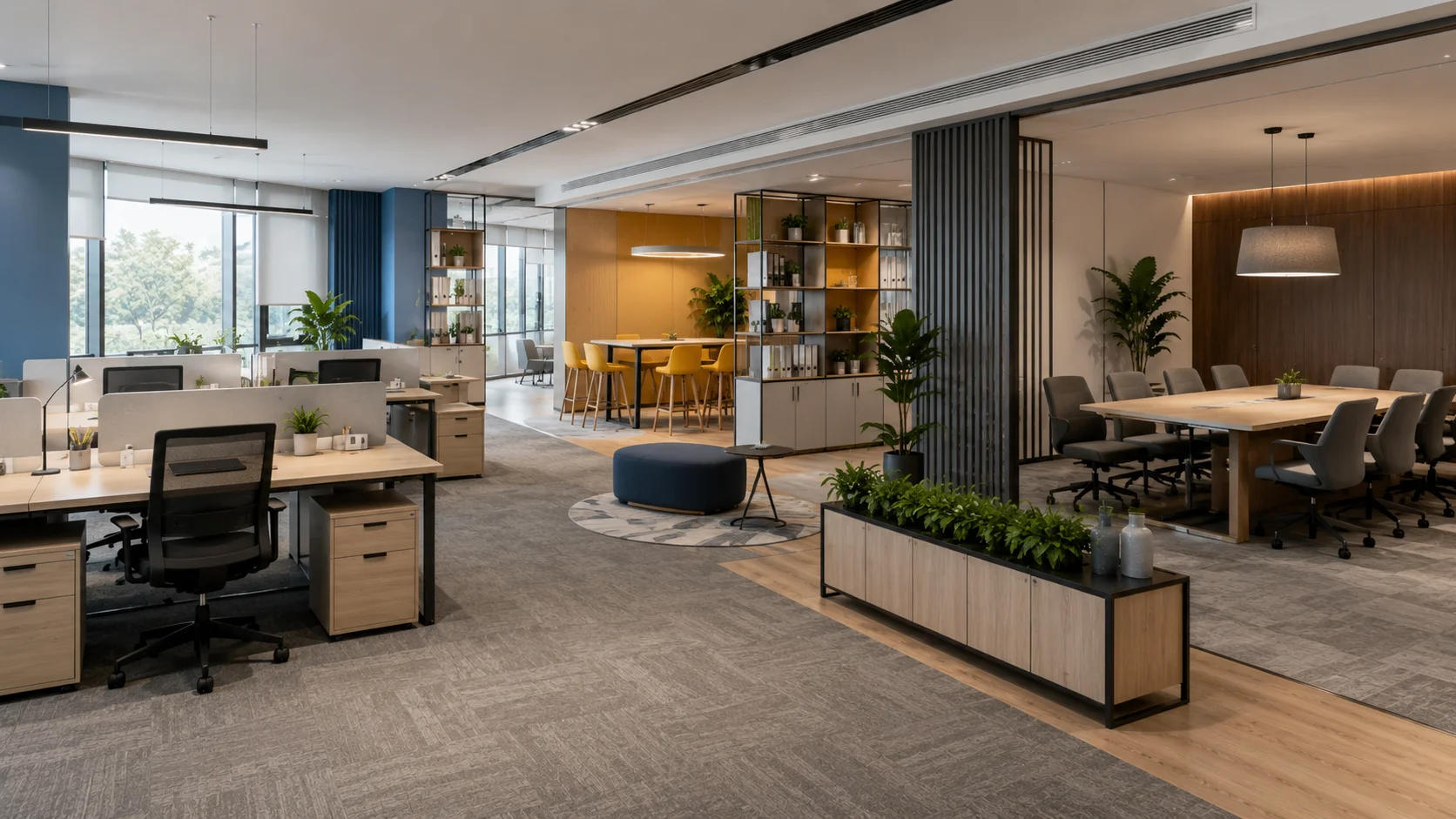 Warna ruang kerja modern yang membentuk suasana dan fungsi area kantor