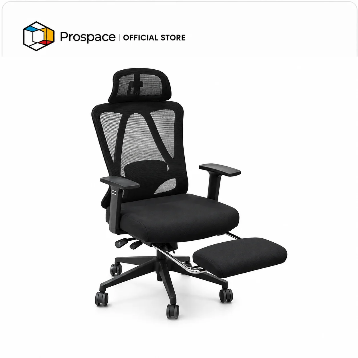 Kursi Kantor Prospace B-BGY00801 hitam dengan sandaran mesh, headrest, armrest, roda, dan footrest