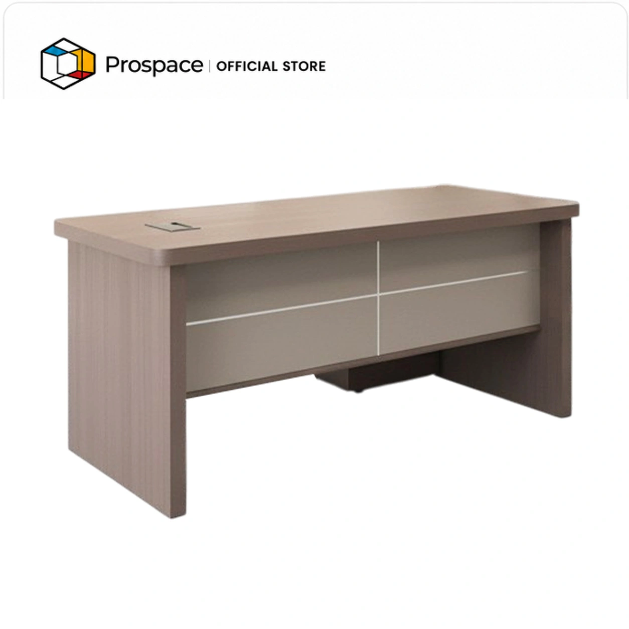 Meja direktur PROSPACE B-BT01601 dengan finishing kayu, permukaan 25 mm, material E0 grade, dan cable box terintegrasi