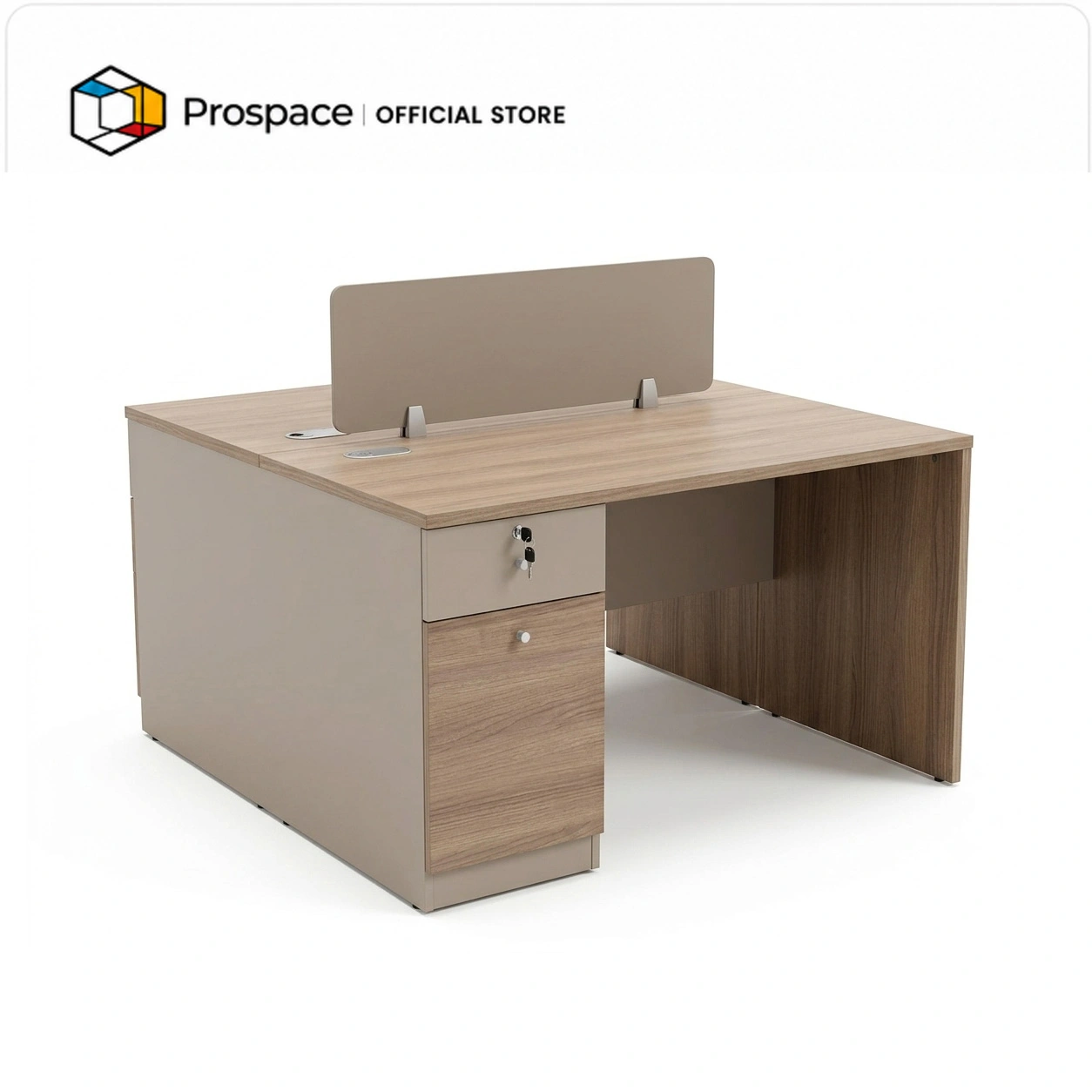 Meja kerja kantor 2 orang PROSPACE B-ZYZ00602 dengan panel privasi, kabinet penyimpanan besar, material Grade E0, dan cable box terintegrasi