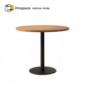 PROSPACE Meja Rapat B-QTZ00201 berbentuk bulat dengan permukaan kayu dan kaki pedestal besi hitam
