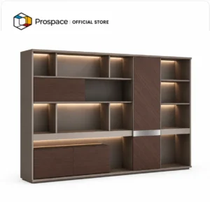 Kabinet kantor PROSPACE dengan rak terbuka, pintu kayu, ruang penyimpanan, dan pencahayaan LED