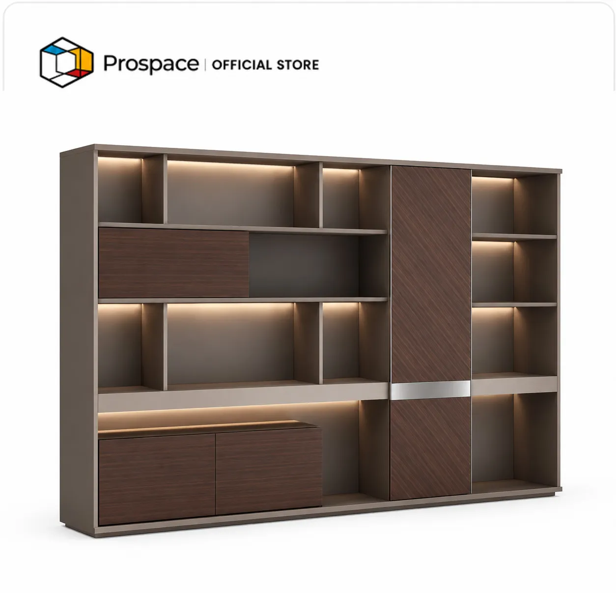 Kabinet kantor PROSPACE dengan rak terbuka, pintu kayu, ruang penyimpanan, dan pencahayaan LED