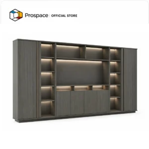 PROSPACE Kabinet Rak B-WJG01802 dengan rak terbuka, kabinet penyimpanan, finishing kayu abu-abu, dan lampu LED