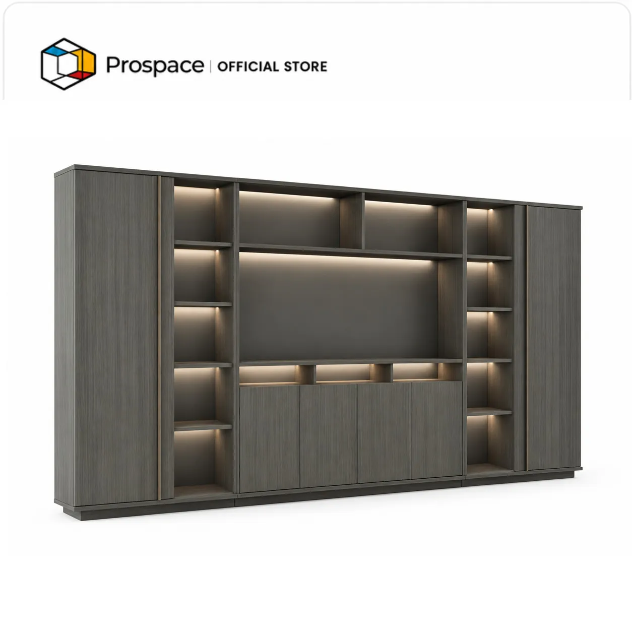 PROSPACE Kabinet Rak B-WJG01802 dengan rak terbuka, kabinet penyimpanan, finishing kayu abu-abu, dan lampu LED