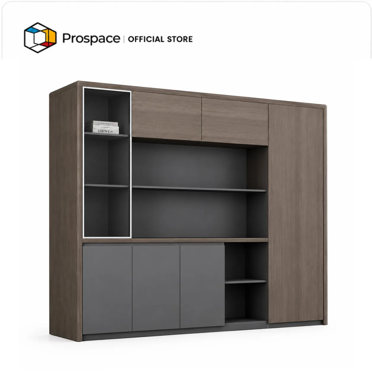 Kabinet penyimpanan kantor PROSPACE B-WJG01902 dengan rak terbuka, lemari tertutup, dan finishing kayu cokelat.