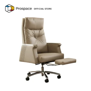 PROSPACE Kursi Kantor B-BY00701 berbahan genuine leather warna beige dengan desain ergonomis, footrest, armrest, dan kaki besi beroda