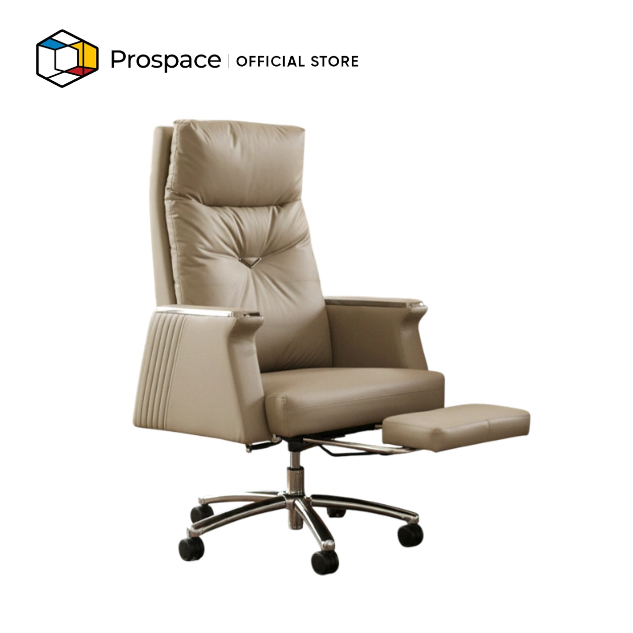 PROSPACE Kursi Kantor B-BY00701 berbahan genuine leather warna beige dengan desain ergonomis, footrest, armrest, dan kaki besi beroda