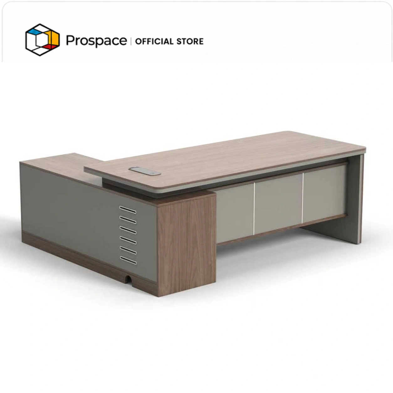 Meja eksekutif PROSPACE B-BT00203 dengan penyimpanan besar, material E0 grade, dan cable box terintegrasi.