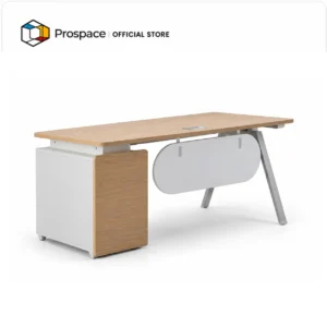 Meja kerja kantor PROSPACE B-ZGZ00102 dengan top kayu, kabinet samping, kaki metal, dan panel privasi.