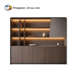 PROSPACE Kabinet Kantor B-WJG02101 dengan rak terbuka, lampu LED, dan pintu penyimpanan motif kayu cokelat.