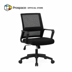 PROSPACE Kursi Kantor B-BGY004 warna hitam dengan sandaran mesh, armrest, dan kaki roda hitam