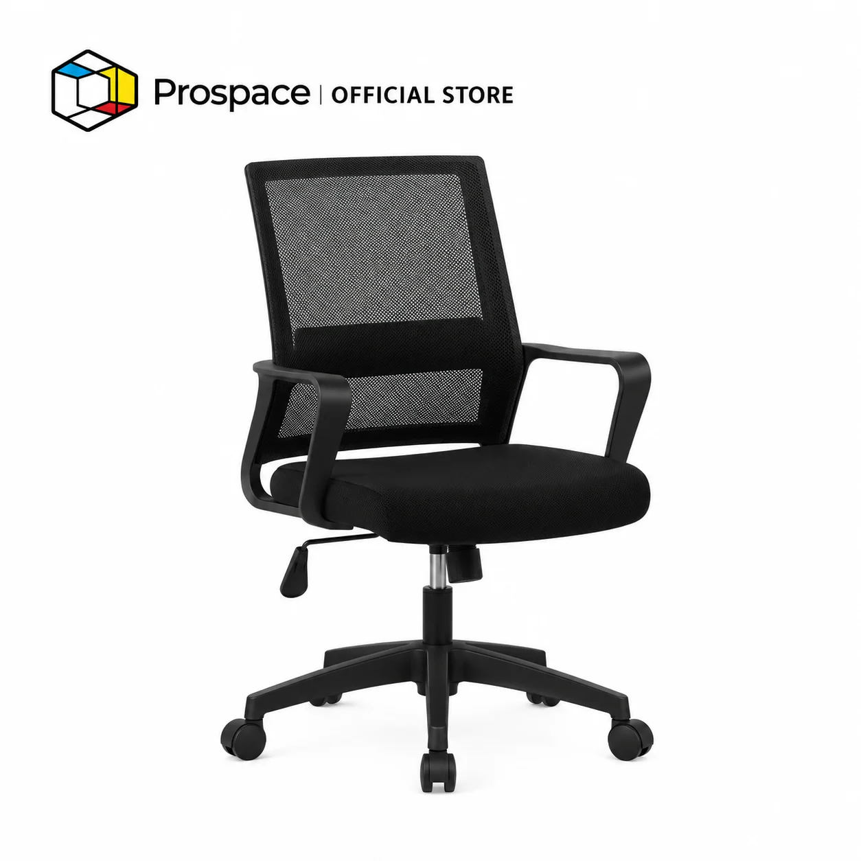 PROSPACE Kursi Kantor B-BGY004 warna hitam dengan sandaran mesh, armrest, dan kaki roda hitam