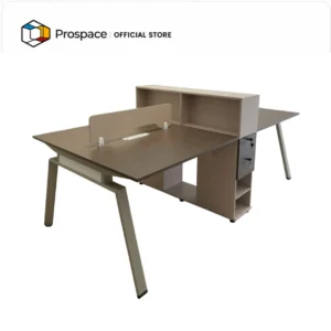 Meja workstation 4 orang PROSPACE N-ZYZ002 dengan panel privasi, rak tengah, dan kabinet penyimpanan terintegrasi