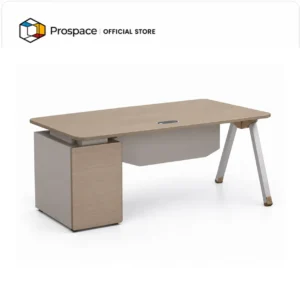 PROSPACE modern office desk with wood-finish top, side cabinet, privacy panel, metal leg, and tabletop cable socket.