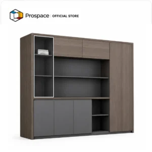 PROSPACE Office Storage Cabinet B-WJG01902 with open shelving, closed cabinets, and a brown wood finish.