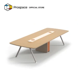 PROSPACE Meja Rapat B-HYZ007 dengan permukaan kayu luas, kaki metal menyudut, dan cable management terintegrasi