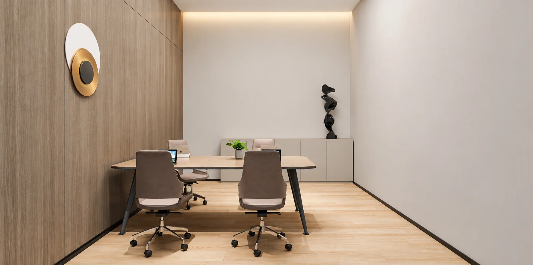 Ruang meeting kantor Go-Day dengan meja rapat dan kursi kantor modern.