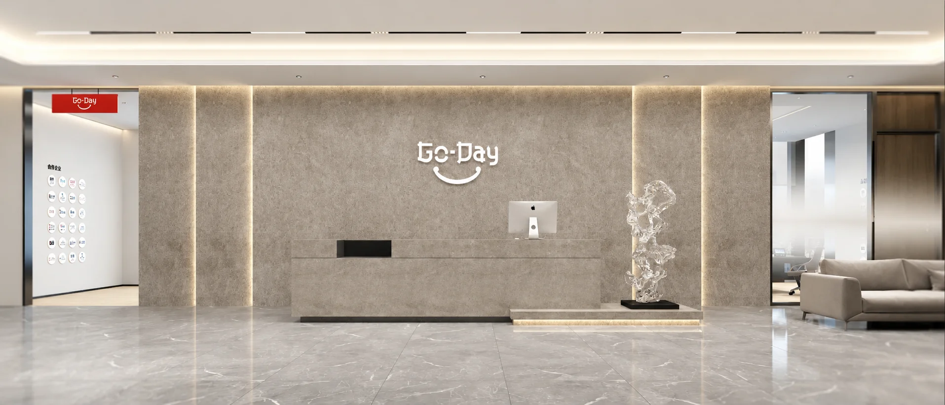 Area resepsionis kantor Go-Day dengan meja resepsionis dan desain interior modern.