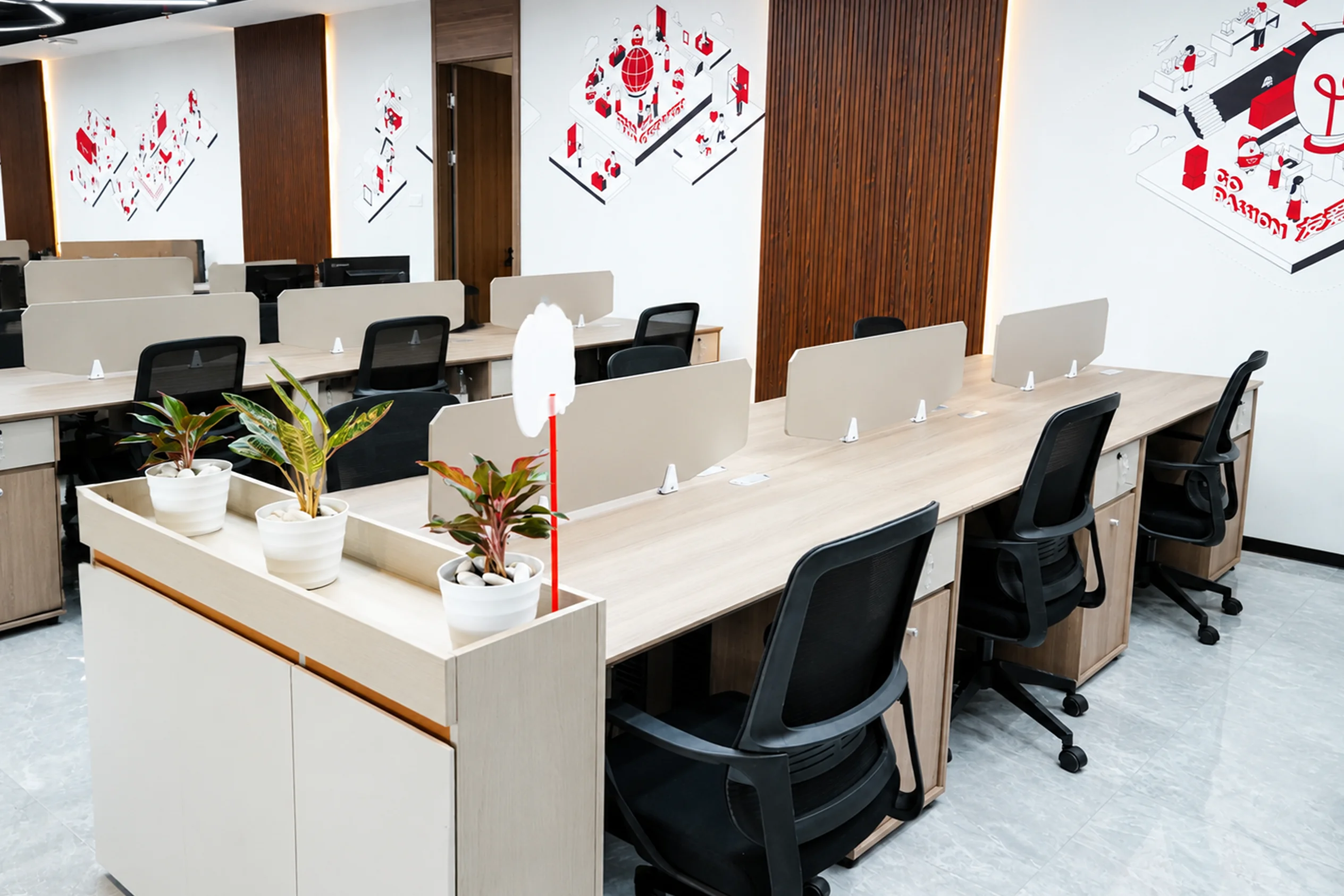 Area workstation kantor Go-Day dengan meja kerja putih dan kursi kantor modern.