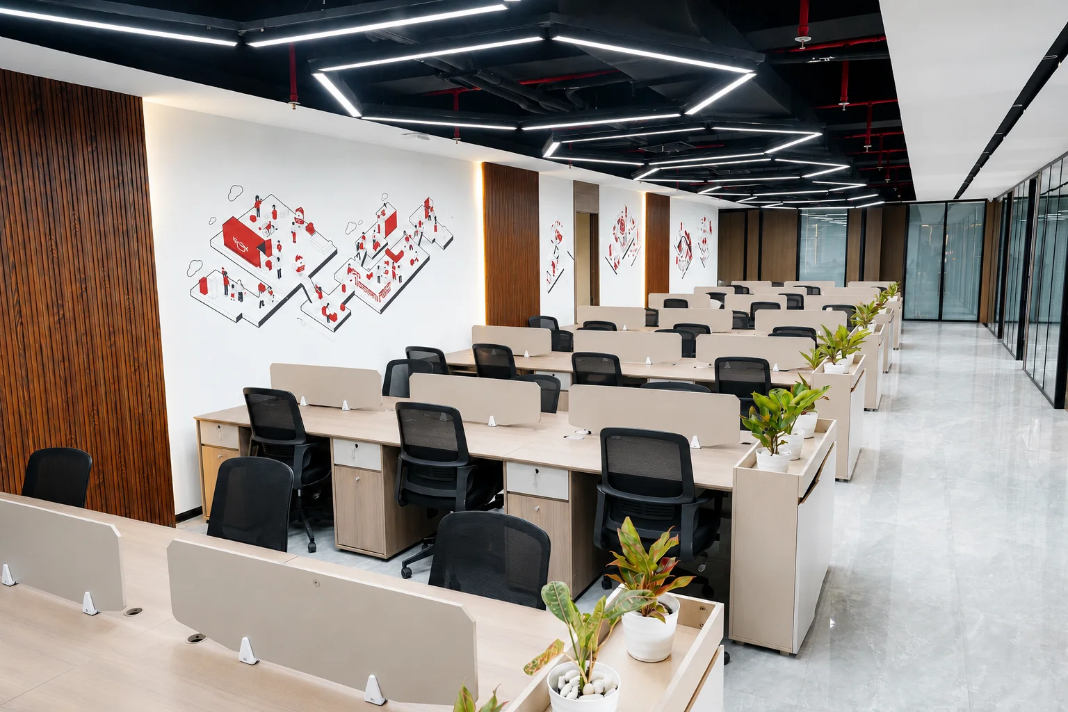 Area kerja terbuka kantor Go-Day dengan workstation dan furnitur kantor Prospace.