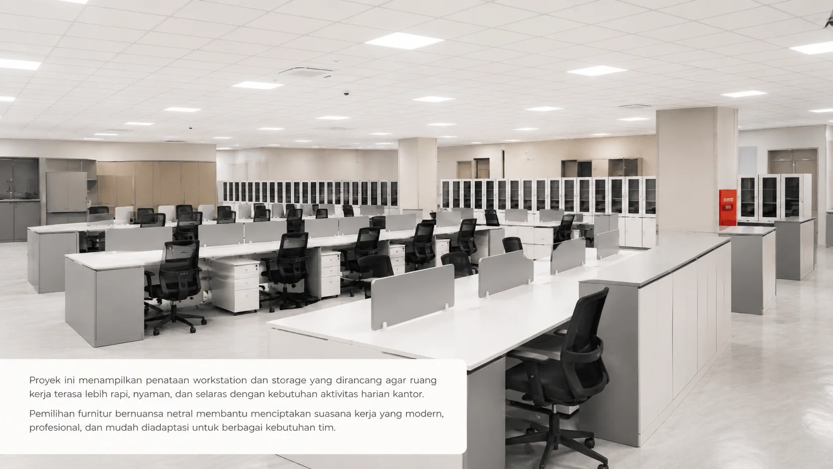 Studi kasus proyek furniture kantor Prospace dengan penataan workstation dan storage modern