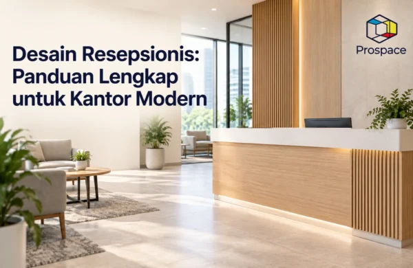 Desain resepsionis kantor modern dengan meja kayu minimalis dan area tunggu yang terang.