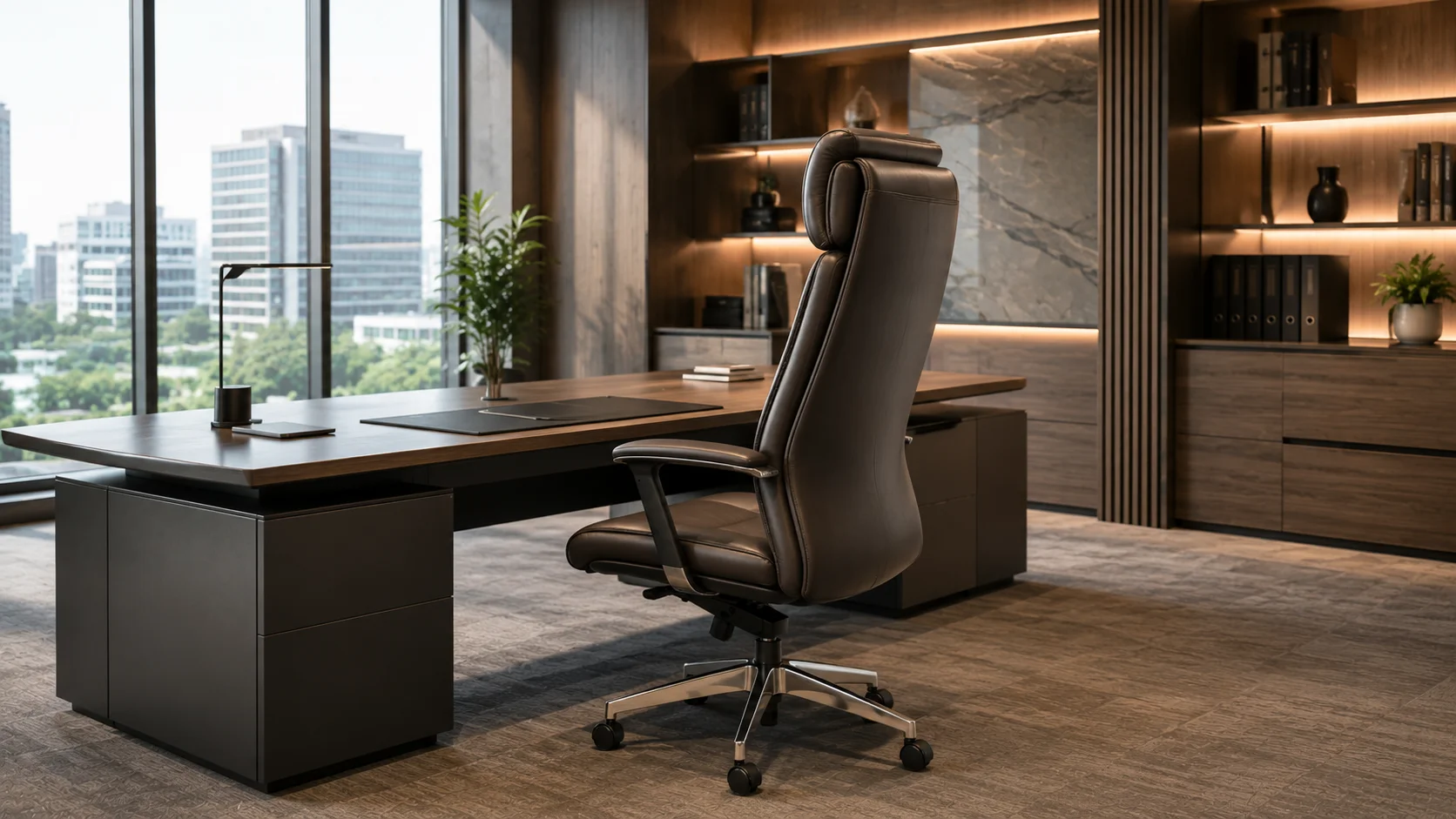 Kursi ergonomis high-back di ruang direktur modern