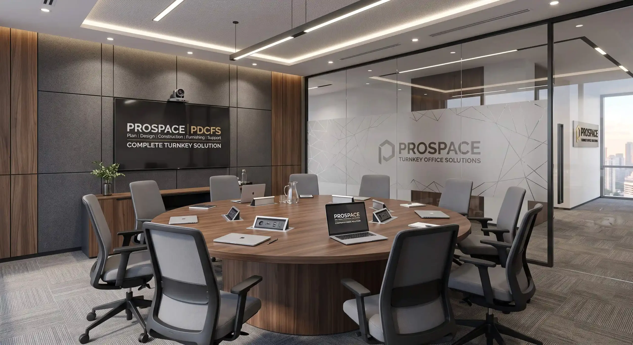 Visualisasi 3D ruang diskusi dengan meja rapat bundar custom dari layanan PDCFS Prospace.
