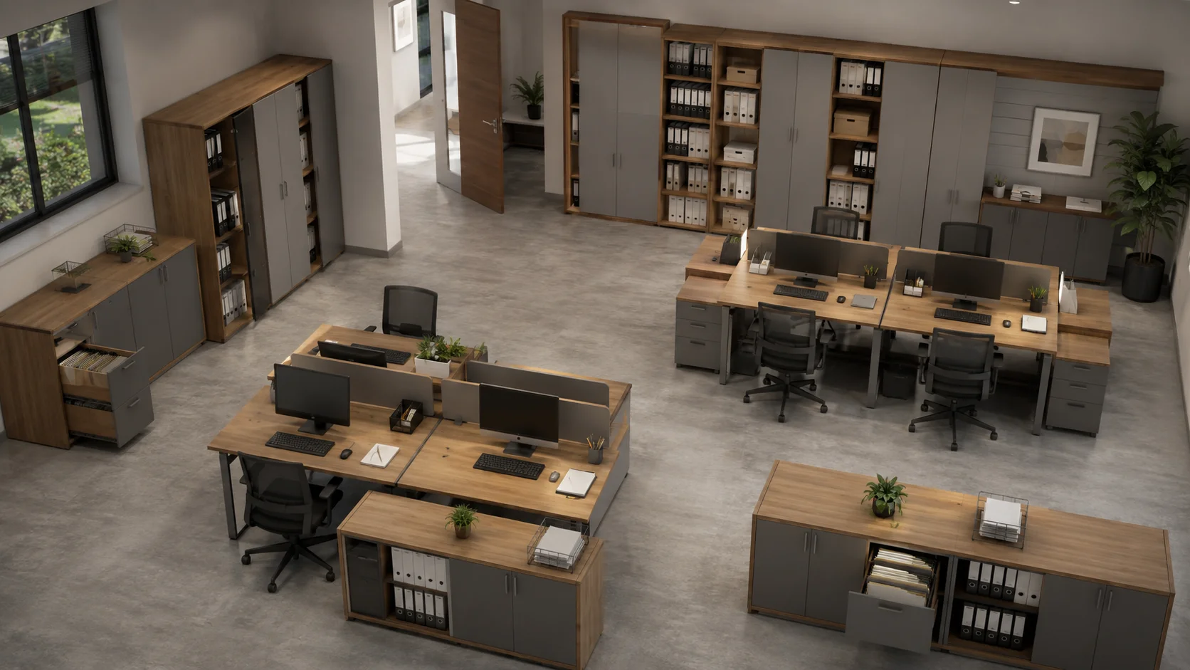 Layout lemari dokumen kantor dengan ruang sirkulasi dan area bukaan kabinet yang memadai